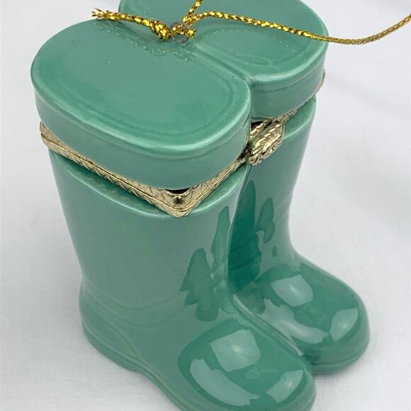Green Wellies Boots Porcelain Hinged Trinket Box Christmas Ornament - Picture 3 of 6